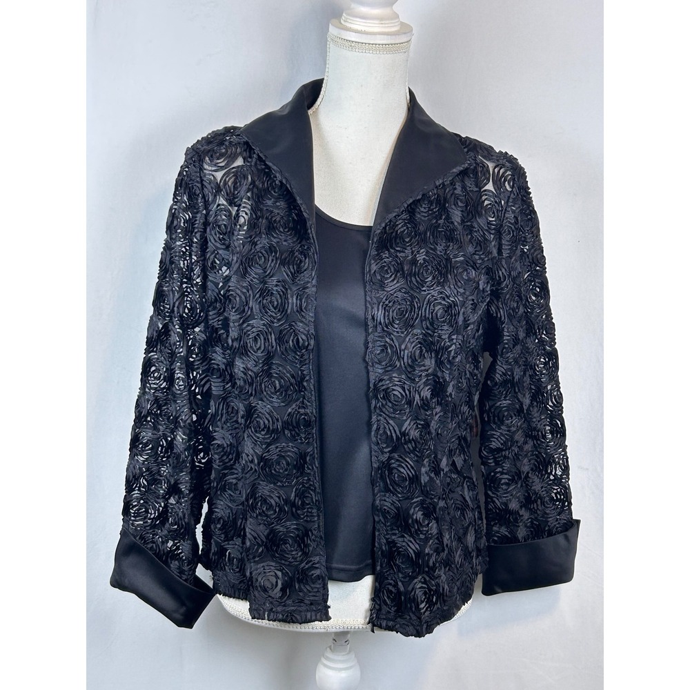 Samuel Dong Rosette Mesh Jacket & Tank Set Womens M Black 3D Floral Zip